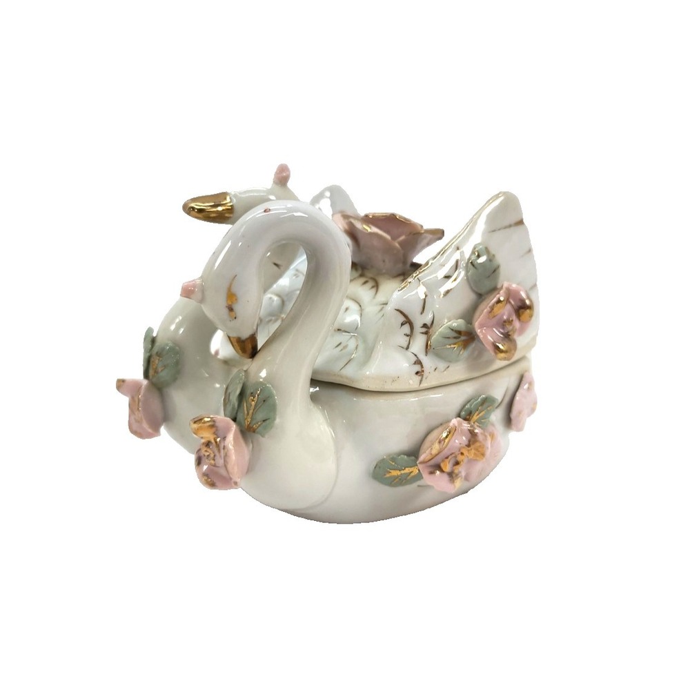 Vintage Two Headed Porcelain Swan Trinket Box With Lid